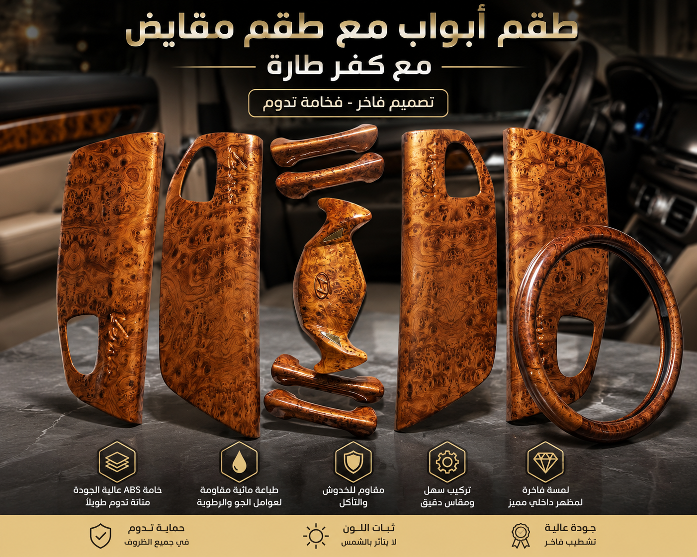 Luxury ABS Wood Grain Interior Trim Set – Door Covers, Handles & Steering Wheel Cover